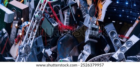 abstract techno disco background with vibrating broken musical instruments and musical equipment