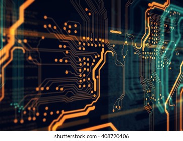 Abstract technological background made of different element printed circuit board. Depth of field effect and bokeh. Printed circuit board in the server  executes the data. 3d rendering