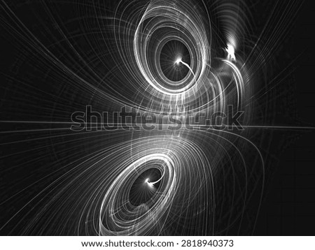 Abstract technology background - computer-generated image. Fractal geometry - glowing curls and rings with reflection. Digital art for web design, covers, posters