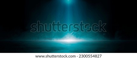 Abstract technology background, Empty dark blue cement floor, studio room with smoke floating up the interior texture, wall background, spotlights, laser light, digital future technology concept.