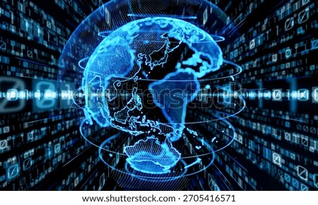 Abstract technology background featuring 3D glowing planet earth and high-speed internet connection