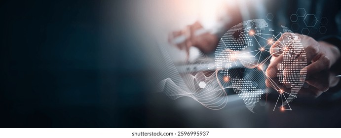 Abstract technology background, internet global network connection, digital transformation concept. Using digital tablet with big data and networking, data science, futuristic, innovative technology
