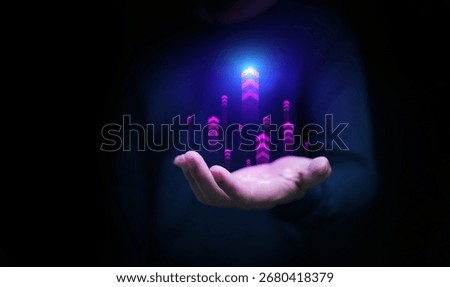 Abstract technology background of neon arrows rising above a hand, representing progress, leadership, career success, investment growth, and digital transformation.