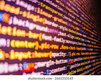 Abstract technology background. Software developer programming code. Programming, webdesign HTML printed code. Real Html code developing screen. Programming internet javascript web code