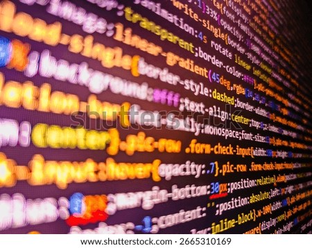Abstract technology background. Software developer programming code. Programming, webdesign HTML printed code. Real Html code developing screen. Programming internet javascript web code