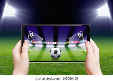 Abstract technology background - tablet pc, computer in hands, soccer ball, sports game online, soccer online, augmented reality - Powered by Shutterstock