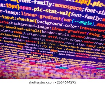 Abstract Technology Binary code Background. Web development javascript HTML5 code close up. Closeup of Java Script and HTML code. Abstract IT technology background