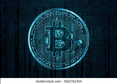 Abstract technology bitcoin logo on binary code and gear blue background .