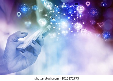abstract technology connection woman hand holding smart phone with social media icon and iot background  - Shutterstock ID 1013172973