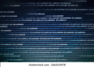 Abstract Technology data stream concepts. moving white blue binary code on black display screen.