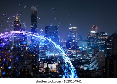 Abstract technology icons, night aerial panoramic cityscape of Bangkok, Asia. The concept of innovative approach to optimize international business process. Double exposure. - Shutterstock ID 1820154941
