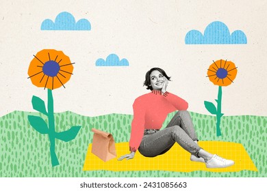 Abstract template graphics collage image of dreamy lady enjoying picnic good weather isolated colorful background - Powered by Shutterstock