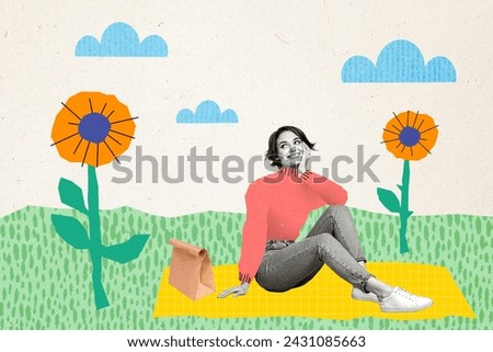 Abstract template graphics collage image of dreamy lady enjoying picnic good weather isolated colorful background