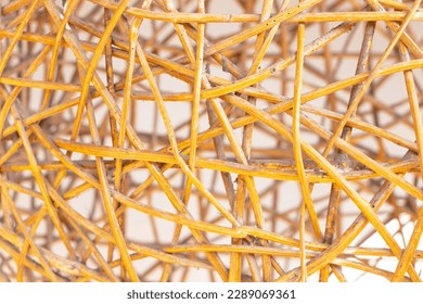Abstract texture background of weave net dry vine yellow clinging dust. Background is blurred gray concrete wall and shadow sunlight. Use is house wall or website wallpaper. Can be used as model.