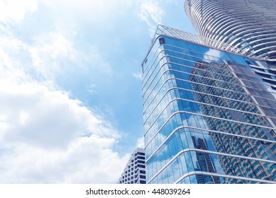 Abstract Texture Of Blue Glass Modern Building Skyscrapers. Business Background.