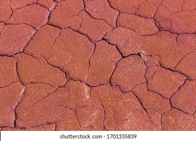 Abstract Texture Of Dried Cracked Scorched Earth. Global Warming And Shortage Of Water On The Planet Concept. Solidified Red Brown Toning And Artificial Noise, Selective Focus