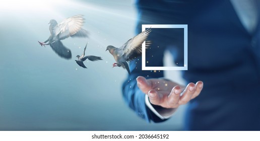 Abstract. Think outside the box concept. Businessman with free birds flying out of square box.Thinking creativity, freely that challenge save zone mindset to find business creative solution and ideas.