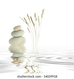 Abstract of three natural grey pebbles balanced on top of each other, with a selection of wild grasses to one side reflected over gray rippled water. Set against a white background. - Powered by Shutterstock