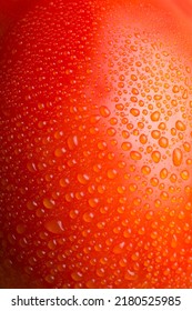 Abstract Of Tomato Surface With Dew, Red And Orange Tone Berry Surface With Water Drops Background, Wallpaper Or Backdrop, Macro