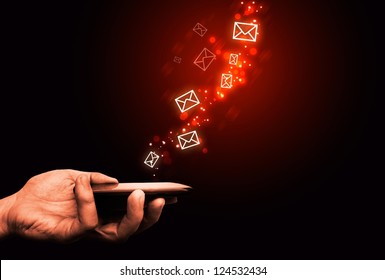 Abstract, Touching Mobile Phone, Flying Envelopes, Fire Effect