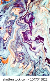 Abstract trendy art with golden powder. Liquid marble texture design, pastel colours, colorful marbling surface, sequins and glitters, marble paper.
