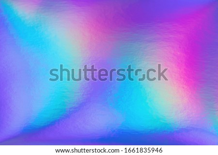 Abstract trendy rainbow holographic background in 80s style. Blurred texture in violet, pink and mint colors with scratches and irregularities. Bright neon colors.