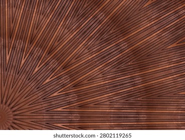 Abstract triangular chevron parquet pattern featuring fine grain mahogany wood planks, symmetrical geometric carpentry background texture