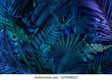 Abstract tropical  background with young green palm leaves. Flat lay with neon lightning in minimal style. - Shutterstock ID 2195048347
