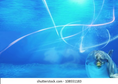 Abstract underwater background with dolphin.