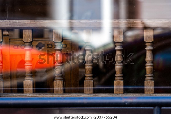 abstract urban background, street reflection in\
the window glass,\
closeup
