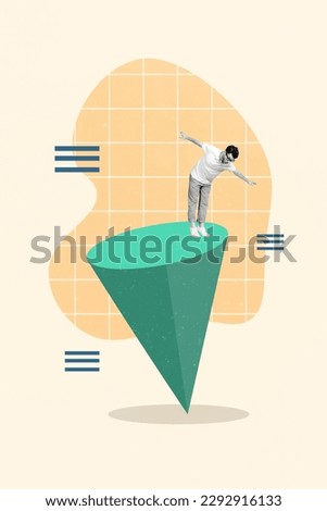 Abstract vertical creative collage photo of funny careless man standing on edge of cone looking down isolated beige color background