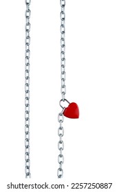 Abstract, vertical straight red heart shaped combination lock, Symbol valentine, happy, unhappy. Metal chain padlock. Creative idea love concept. Isolated on white, clipping path. Blank for text - Shutterstock ID 2257250887