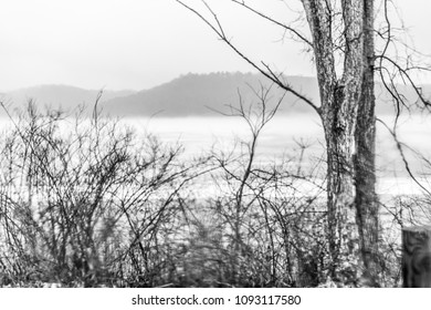 Abstract, View Across Misty Fog-Covered Lake Through Twisted Branches with Tree Trunk in Foreground and Dark Hills in Background; raindrops blurring scene - Powered by Shutterstock