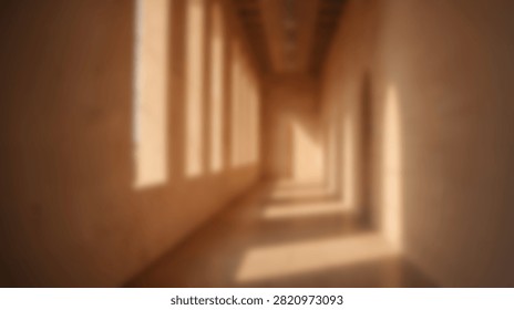 An abstract view of an architectural space with repeating elements and warm light casting shadows.