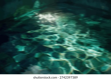 Abstract view of light patterns shimmering on a dark green water surface, creating a mesmerizing and tranquil effect.