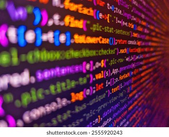 Abstract view of server rack with glowing lights. Representation of online security with a digital display featuring binary code flowing across a computer screen illuminated by colorful lights.