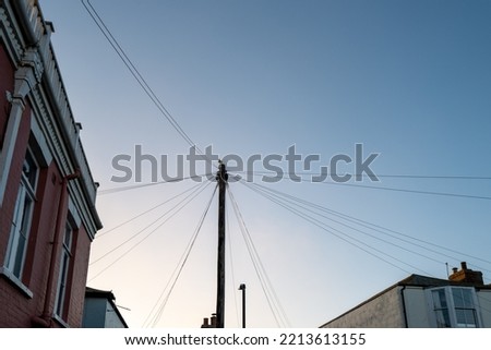 Abstract view of telephone wires connecting to a single wooden telegraph pole with a large bird sitting on the top just before dusk.