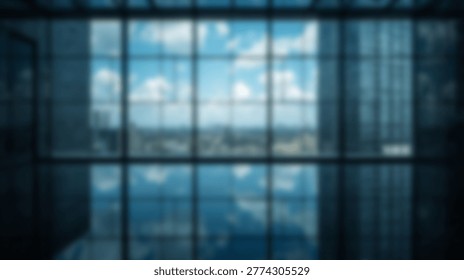 Abstract view through the windows of a modern building, showcasing a blue sky filled with clouds. The image captures the essence of urban architecture and the beauty of nature.