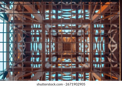 Abstract view of a tower structure through a metal grid, featuring geometric patterns and a sense of depth. The symmetrical design creates a visually intriguing composition.