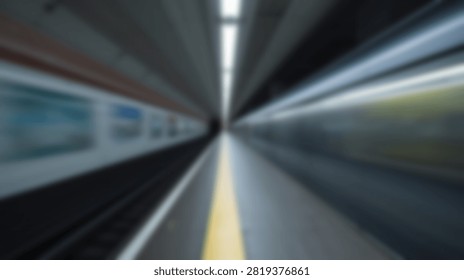 Abstract view of a train in motion at a subway station platform, conveying speed and movement with blurred lines and light streaks.