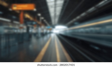 Abstract view of a train speeding into a station with blurred lights and motion streaks creating a dynamic atmosphere.