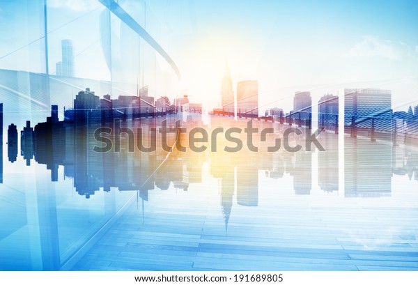 Abstract wall mural View of Urban Scene and Skyscrapers. 