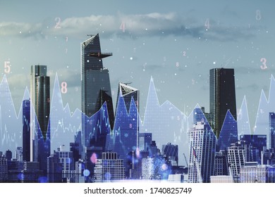 Abstract virtual analytics data spreadsheet on New York cityscape background, analytics and analysis concept. Multiexposure