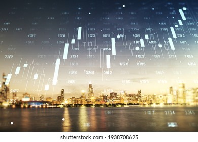 Abstract virtual analytics data spreadsheet on Chicago cityscape background, analytics and analysis concept. Multiexposure