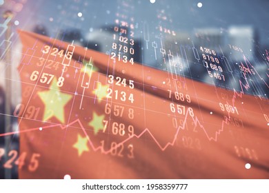 Abstract Virtual Analytics Data Spreadsheet On Chinese Flag And Skyline Background, Analytics And Analysis Concept. Multiexposure