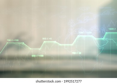 Abstract virtual analytics data spreadsheet on blurry contemporary office building background, analytics and analysis concept. Multiexposure