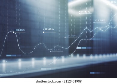 Abstract virtual analytics data spreadsheet on blurry contemporary office building background, analytics and analysis concept. Multiexposure