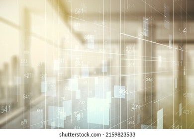 Abstract Virtual Analytics Data Spreadsheet On Modern Interior Background, Analytics And Analysis Concept. Multiexposure