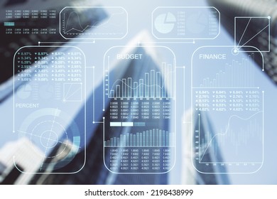 Abstract virtual analytics data spreadsheet on modern architecture background, analytics and analysis concept. Multiexposure