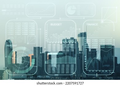 Abstract virtual analytics data spreadsheet on Los Angeles cityscape background, analytics and analysis concept. Multiexposure